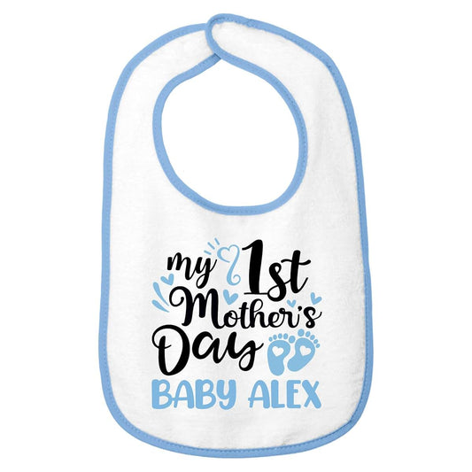 Smiling Jindo Personalized My 1st Mother’s Day Baby Bib – Cute Footprint Design, Custom Name – Soft Cotton Terry