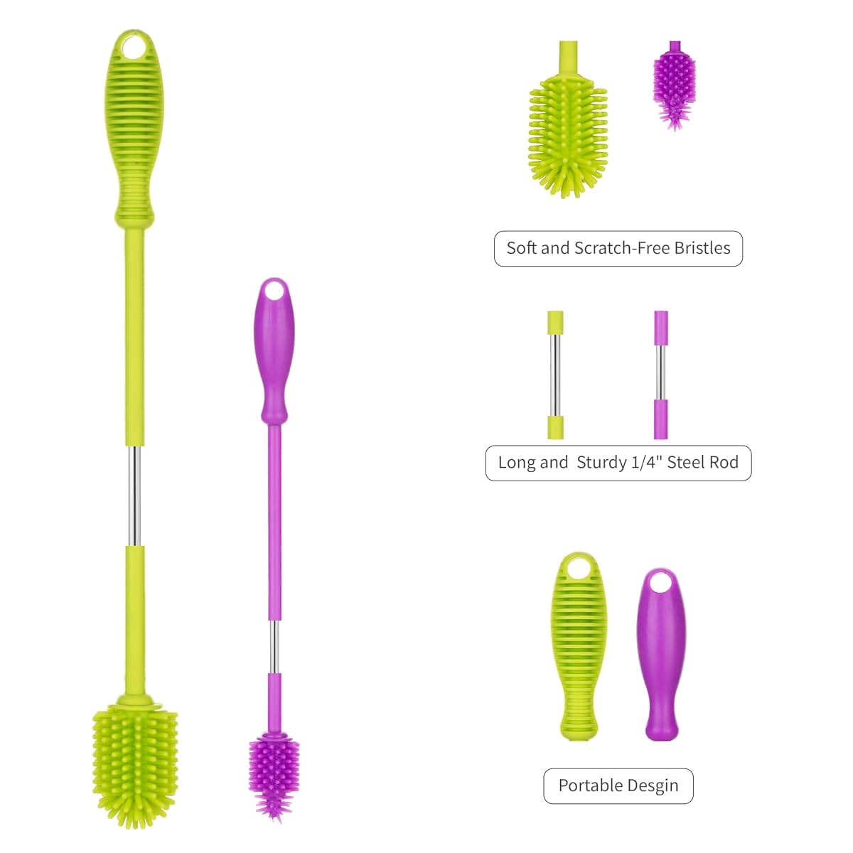 A-Brush Silicone Bottle Cleaner Brush, 2 Piece Set, Flexible, Long Handle - Water Bottle Cleaner, Baby Bottle Nipple (photo 3)