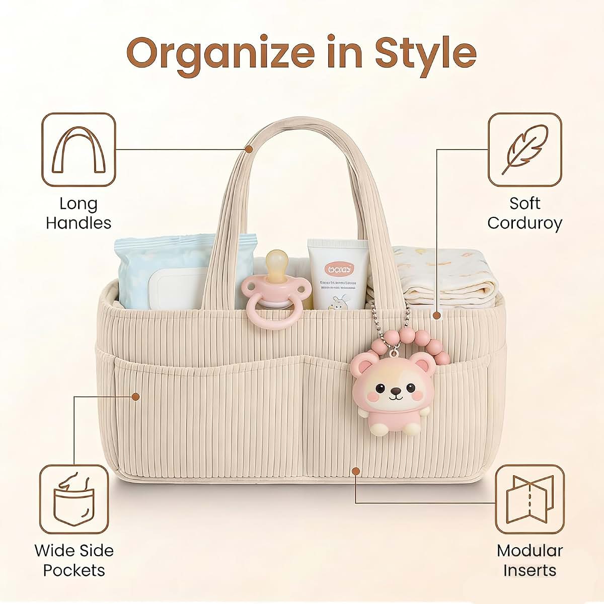 SVNR Baby Diaper Caddy Organizer - Corduroy Cream with Removable Dividers, 14x9x7 Inch