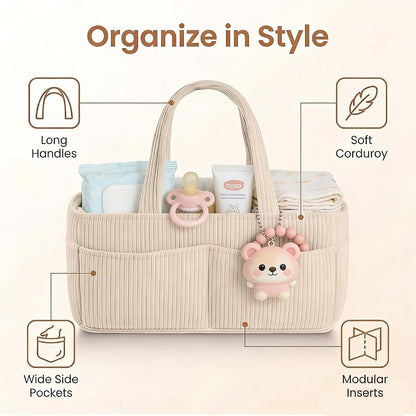 SVNR Baby Diaper Caddy Organizer - Corduroy Cream with Removable Dividers, 14x9x7 Inch