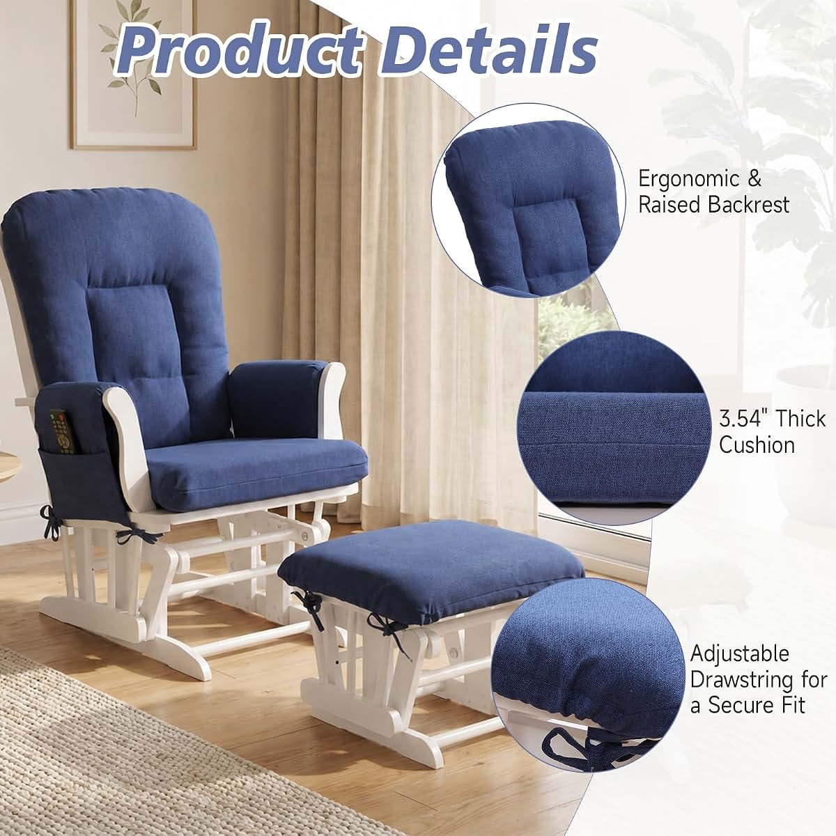 Boshen 5PCS Glider Rocker Replacement Cushions With Ottoman Cover, Blue (photo 4)