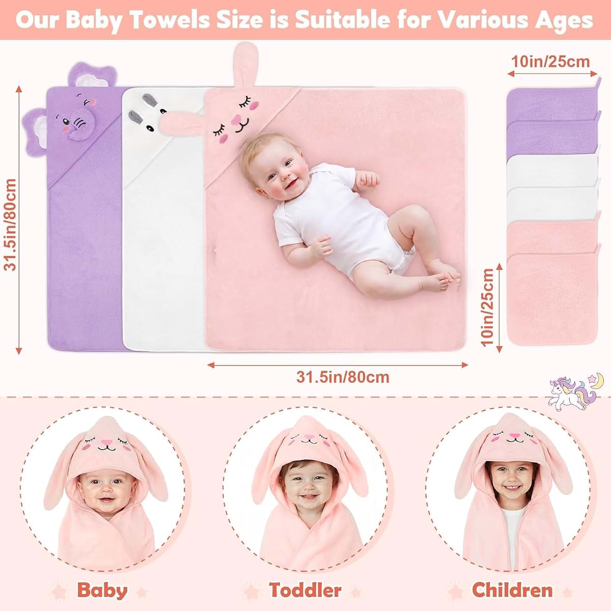 CandyHome 9 Pcs Baby Bath Towels Set for Infants and Toddlers