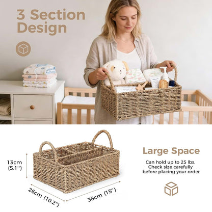 Klippehop Diaper Caddy Organizer, Handwoven Rattan Storage Basket with 3 Compartments, Natural Beige, Large