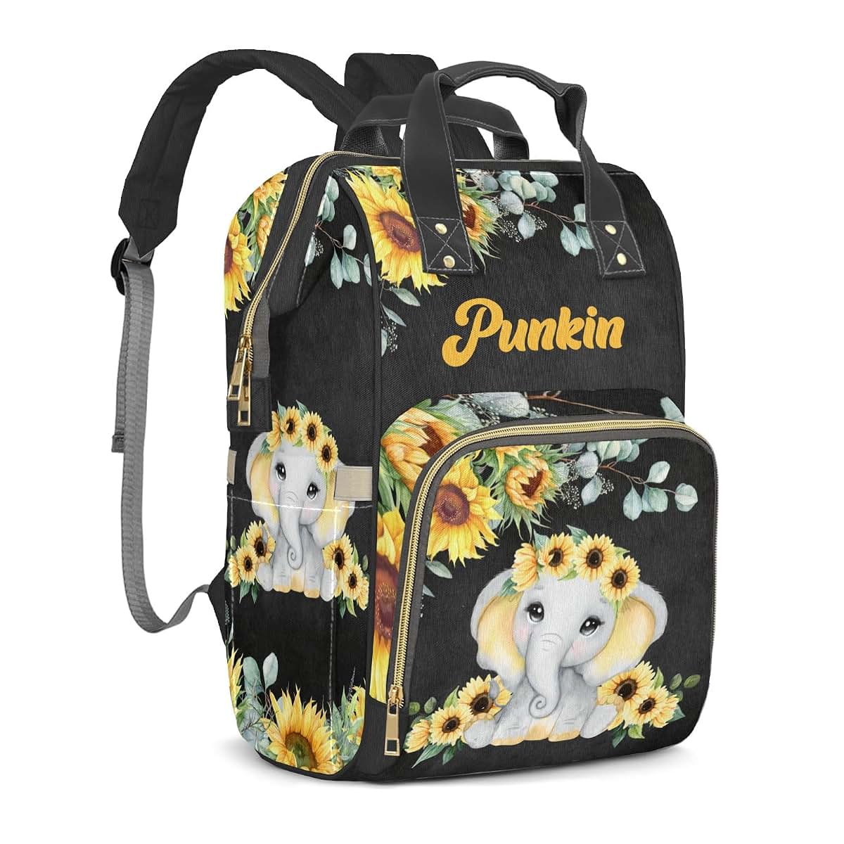 LiSoAkWE Sunflower Elephant Girl Personalized Large Capacity Diaper Bags,Custom Name Backpack Casual Daypack Bag Nappy (photo 2)
