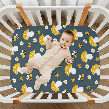 Kicpoay Fitted Crib Sheets Cartoon Bees Mushroom Stretchy Portable Playard Sheets 39 X 27 In