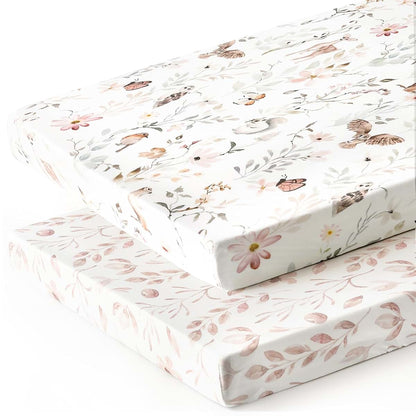 Grssder Pack N Play Fitted Sheets 2 Pack - Jersey Knit Floral And Animal Print