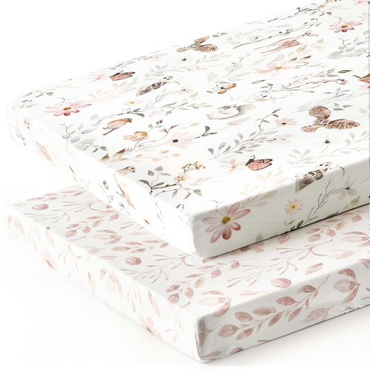Grssder Pack N Play Fitted Sheets 2 Pack - Jersey Knit Floral And Animal Print