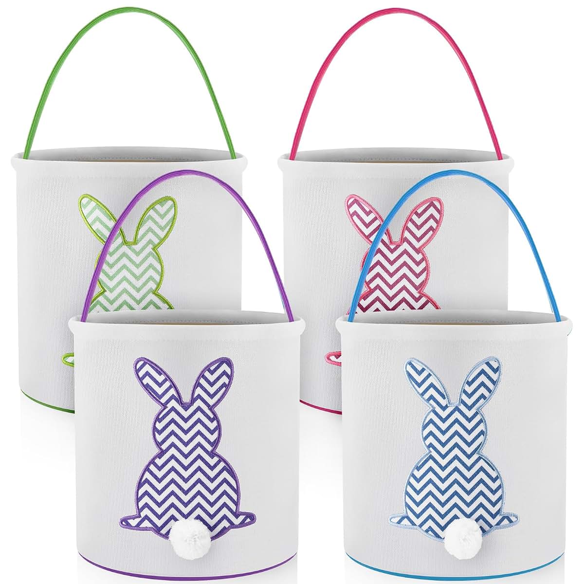 Honeydak 4 Pcs Bunny Easter Basket for Kids Canvas Egg Hunt Bag with Handle Pastel Stripe