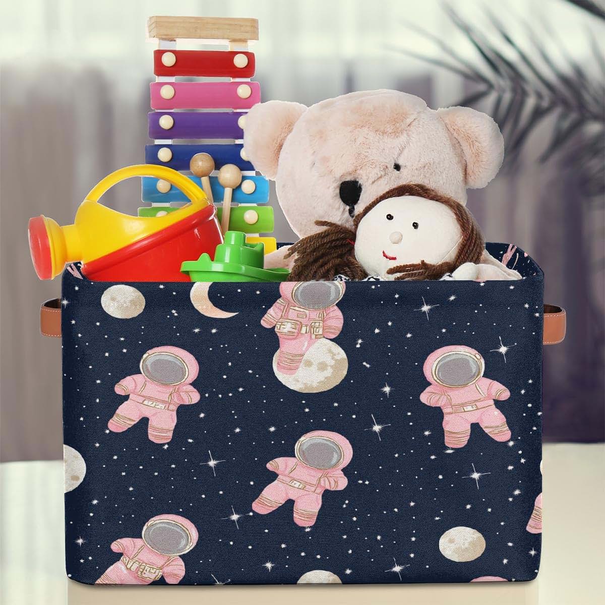 YPPAHHHH Cute Astronauts Pink Storage Basket, 15x11x9.5 Inch Collapsible Canvas Organizer with Handles