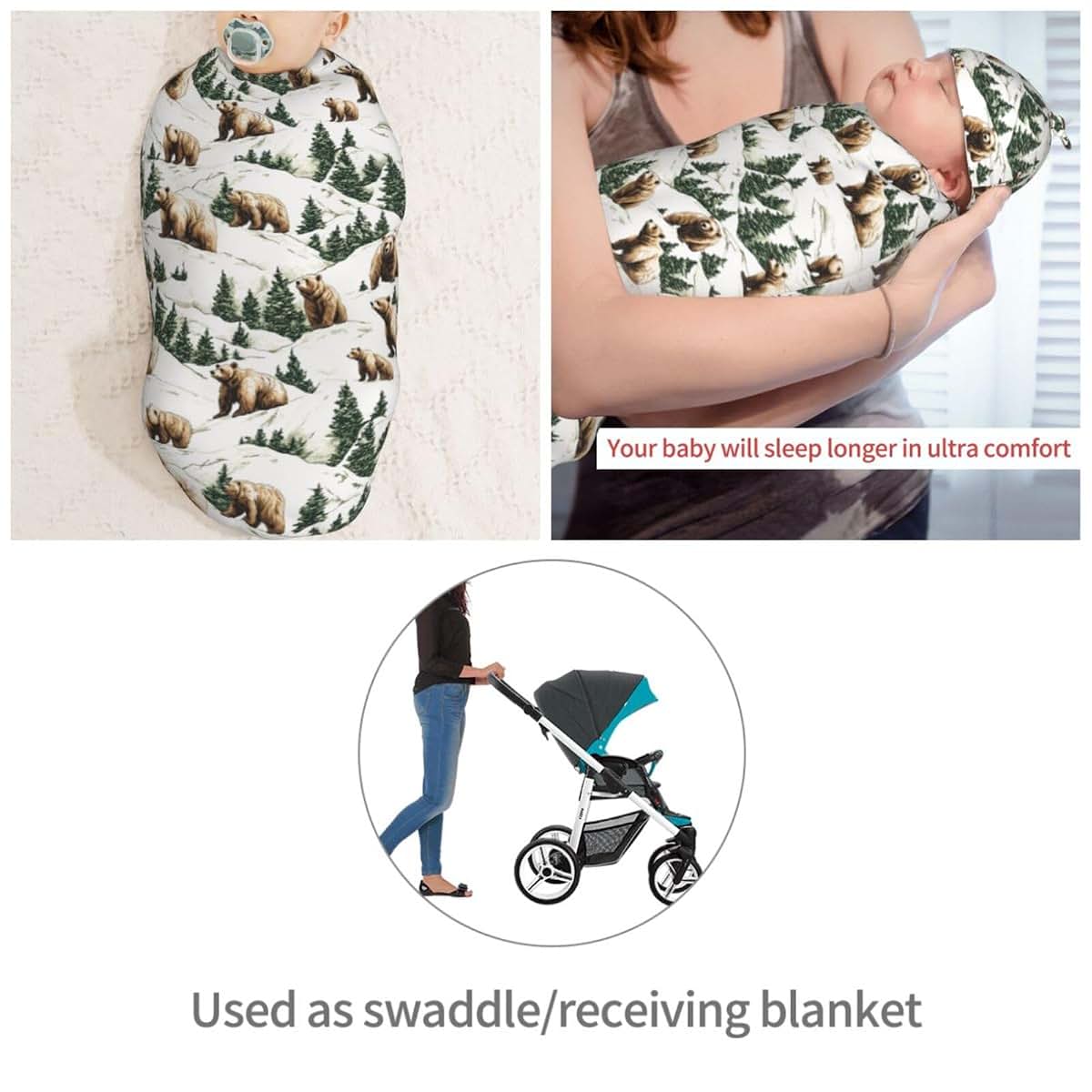 Muishi Brown Bears with Tree Newborn Swaddle Blanket and Hat Set, 0-6 Months