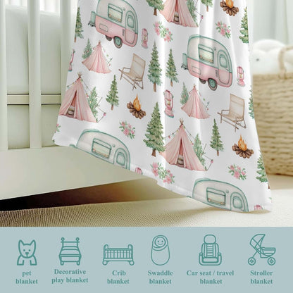 Wicbfdfv Cute Camp Car Floral Trees Flannel Baby Blanket White