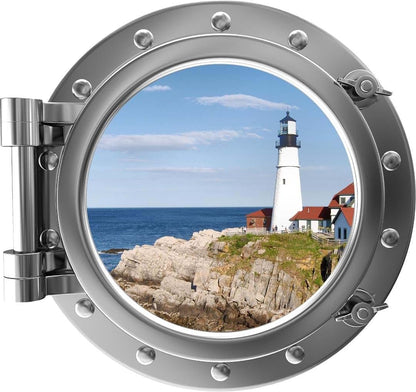 Stickit Graphix Port Scape Lighthouse 2 Silver Porthole Window Wall Decal, 12 Inch