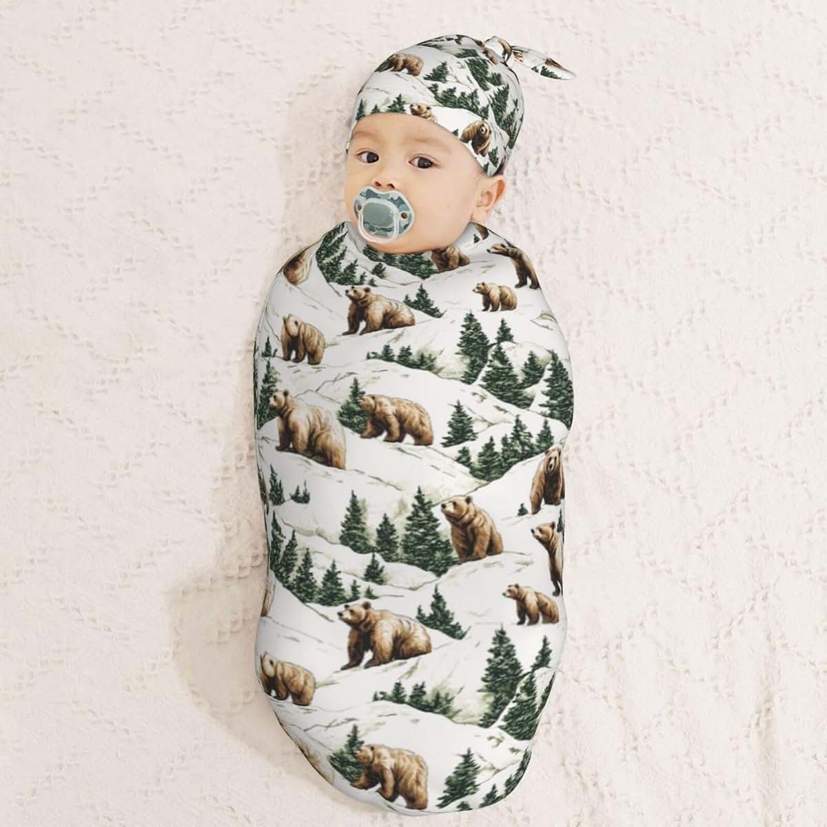 Muishi Brown Bears with Tree Newborn Swaddle Blanket and Hat Set, 0-6 Months