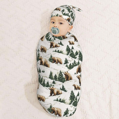 Muishi Brown Bears with Tree Newborn Swaddle Blanket and Hat Set, 0-6 Months