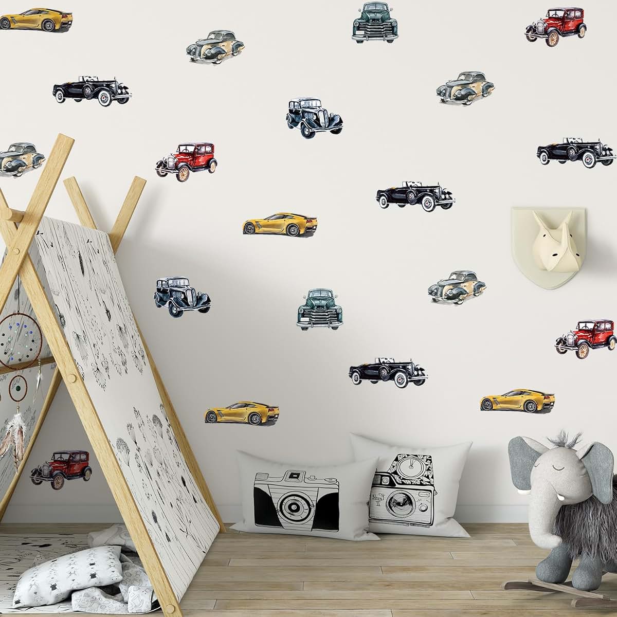 Astrkiz 20 Pcs Retro Cars Wall Decals Peel and Stick Watercolor Multicolor Boys Room