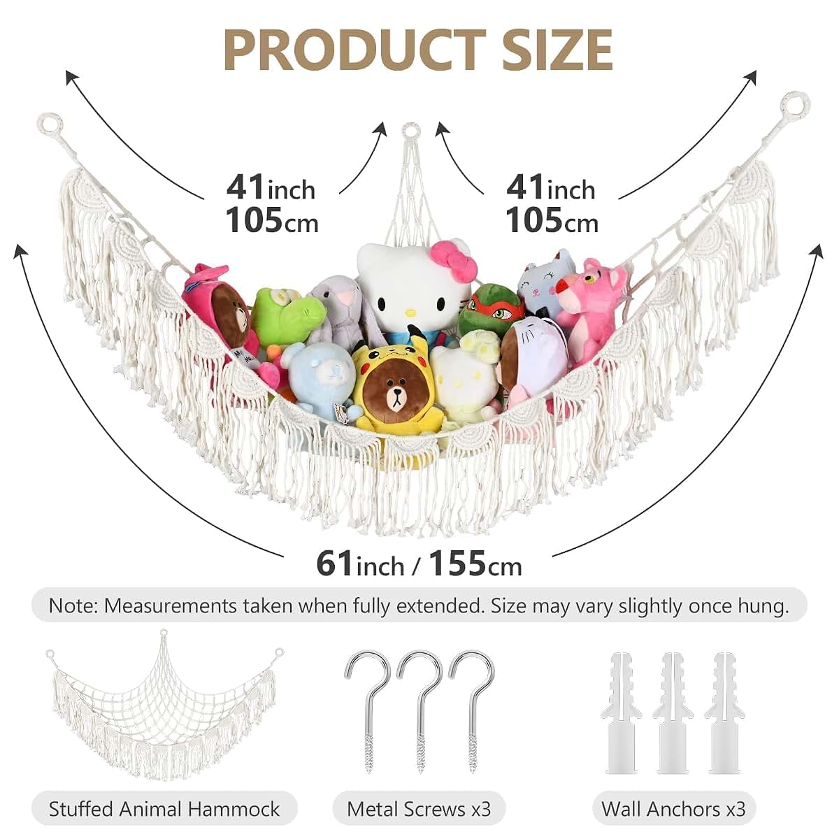 Stuffed Animal Hammock Organizer | Natural Cotton Boho Wall Storage for Nursery Playroom
