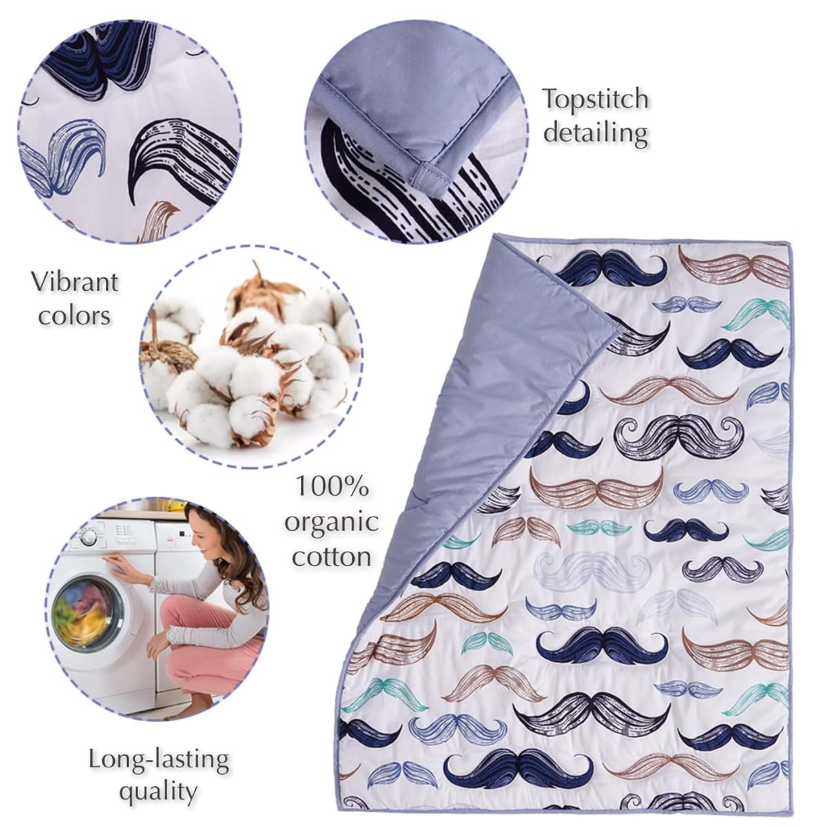Noisy Mouse Boho Little Man Mustache 4-Piece Organic Cotton Baby Boy Crib Bedding Set