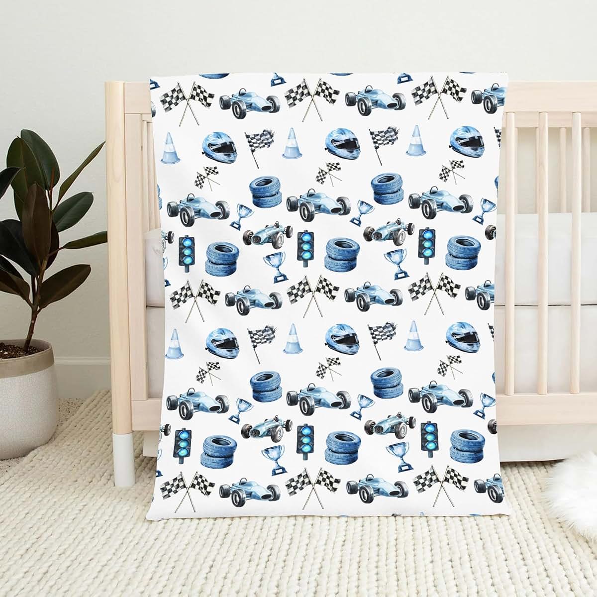 Wicbfdfv Cute Race Car Flag Baby Boy Girl Blue Races Vehicle Trophy Traffic Light Vehicles Blankets Flannel Fleece