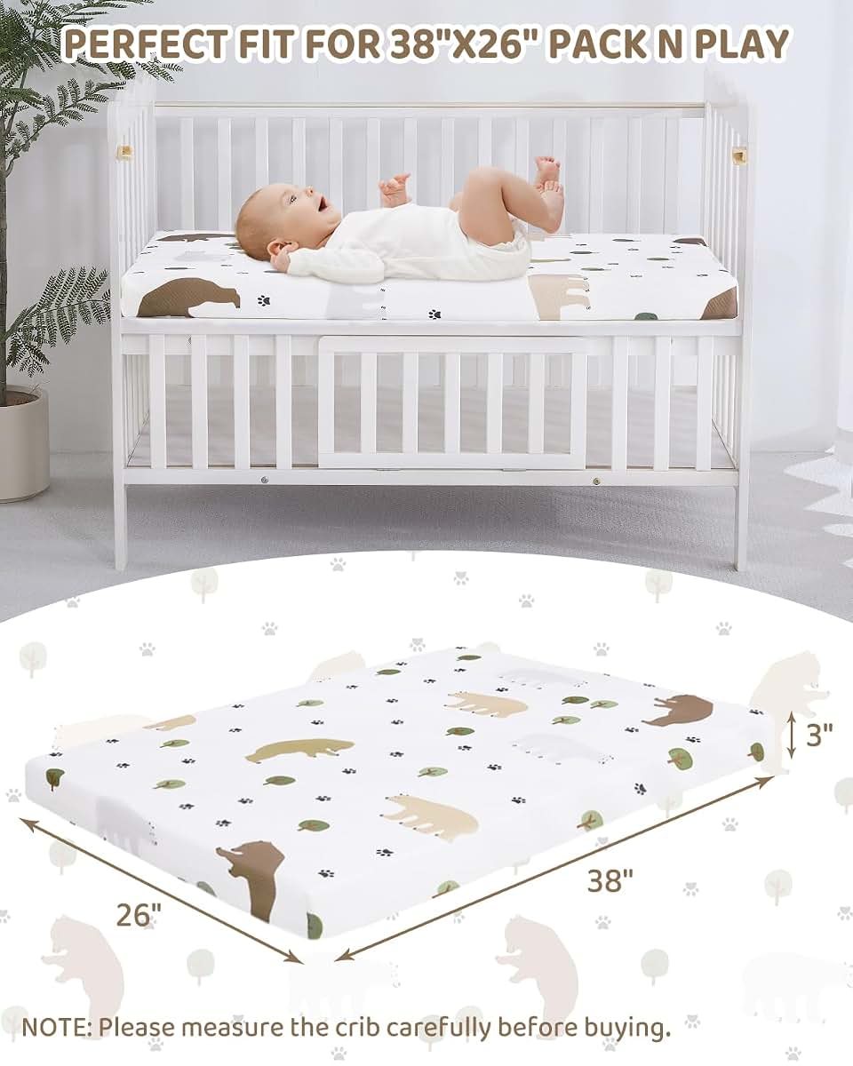 lasoftan Pack and Play Mattress, 38" x 26" Soft Breathable Waterproof Washable with Dinosaur Print