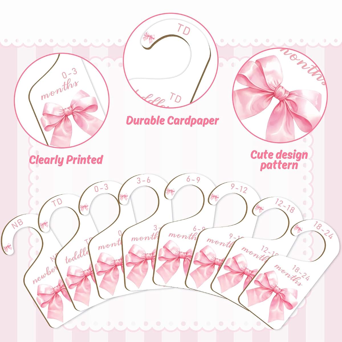 FYSUIMU 8-Piece Pink Bow Baby Closet Dividers, Watercolor Paper Hanging Organizer for Nursery