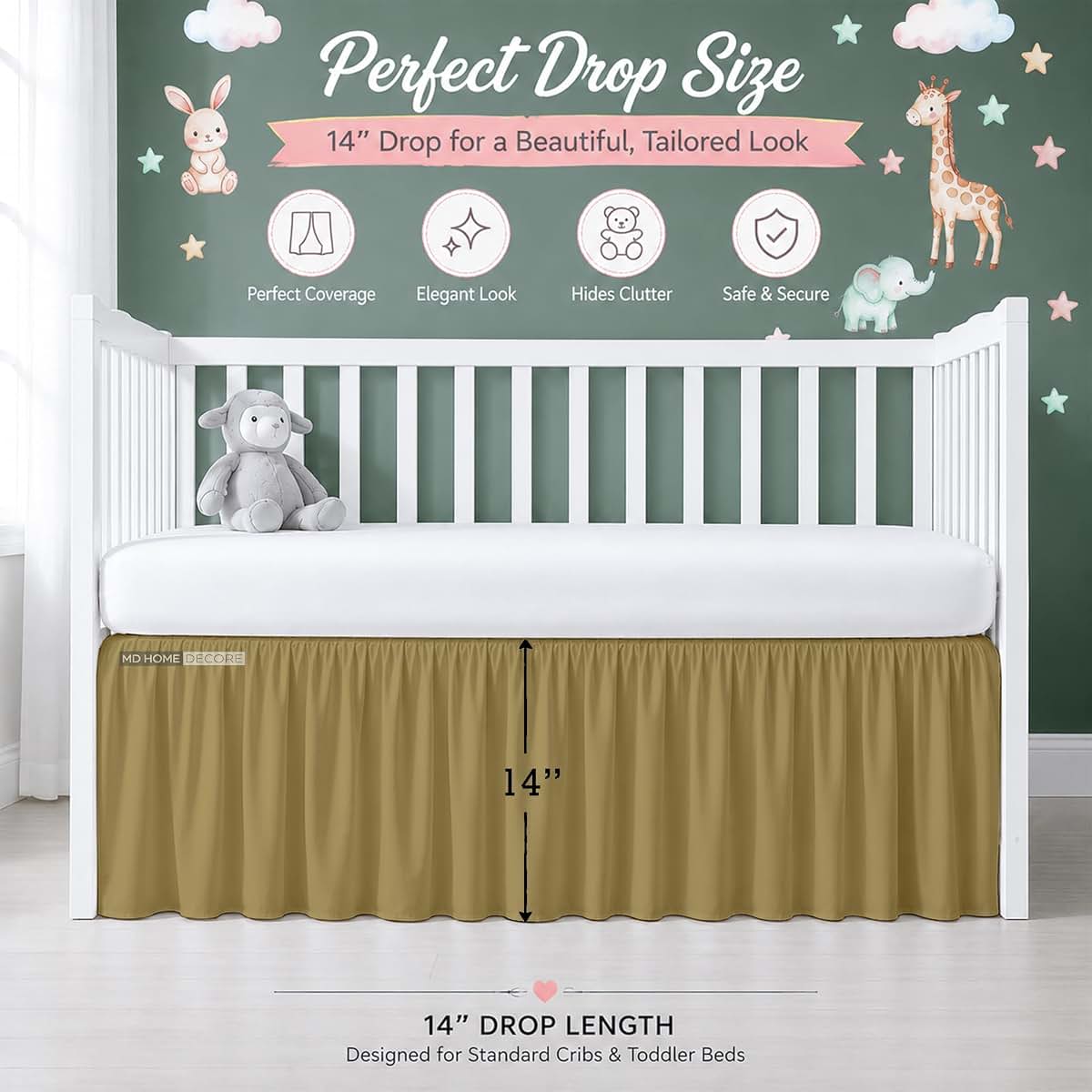 MD Home Decore Crib Bed Skirt Dust Ruffle with Split Corners Cotton, 14" Drop, Taupe (photo 3)