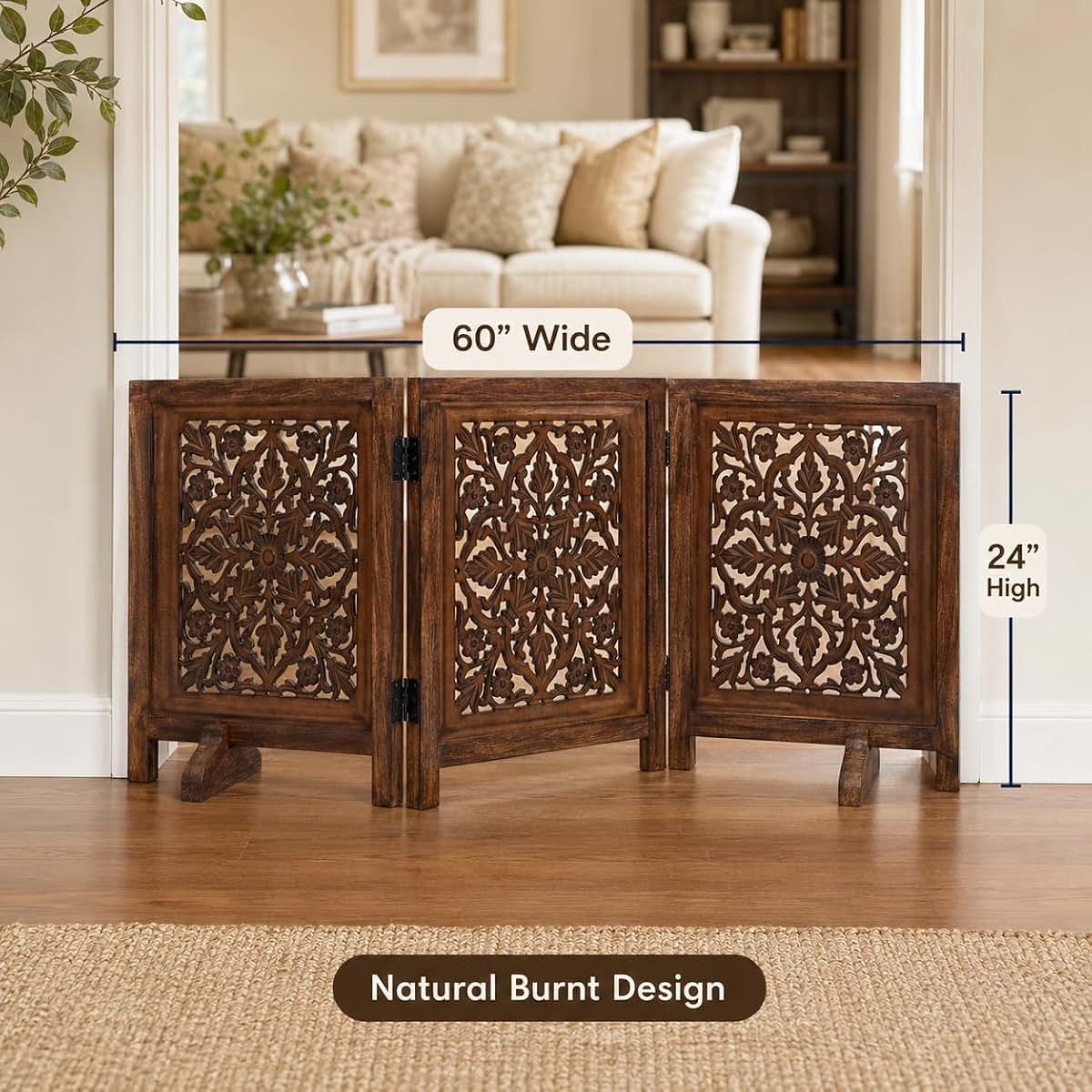 Woodify Dog Gate Freestanding 60x24 Folding 3 Panel, Natural Burnt