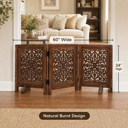 Woodify Dog Gate Freestanding 60x24 Folding 3 Panel, Natural Burnt
