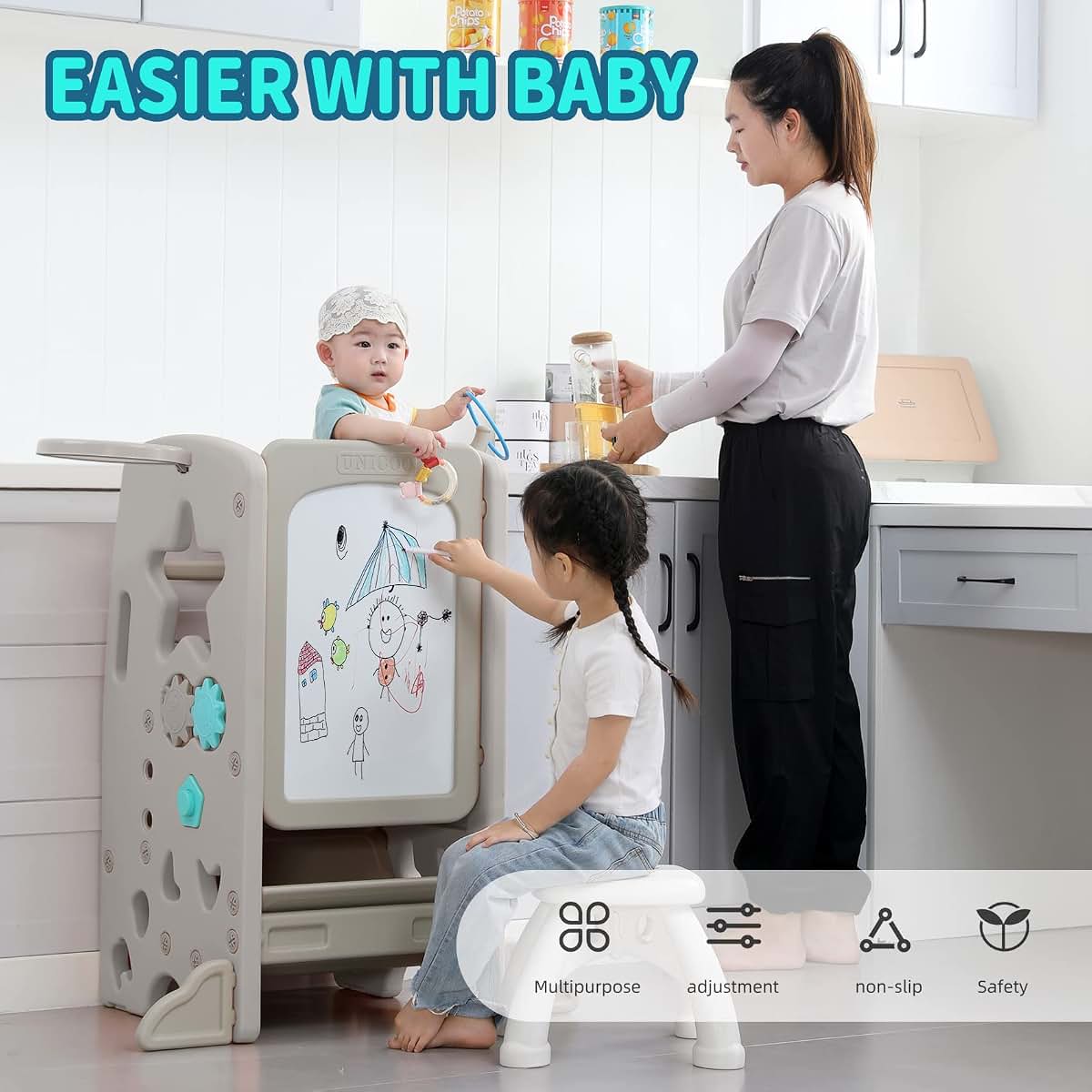 UNICOO Multifunctional Kids Step Stool with Double Safety Rails and Adjustable Height, Grey