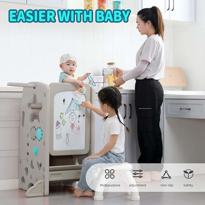 UNICOO Multifunctional Kids Step Stool with Double Safety Rails and Adjustable Height, Grey