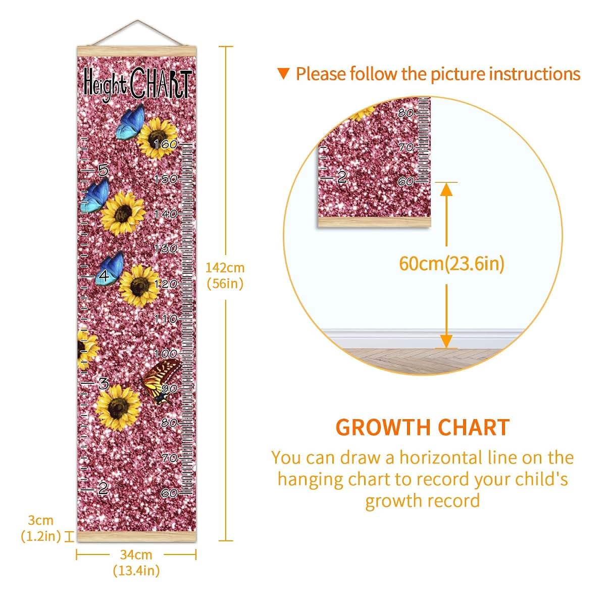 Growth Chart Pink Glitter Sunflowers Butterfly Measurement Banner for Kids Room Decor