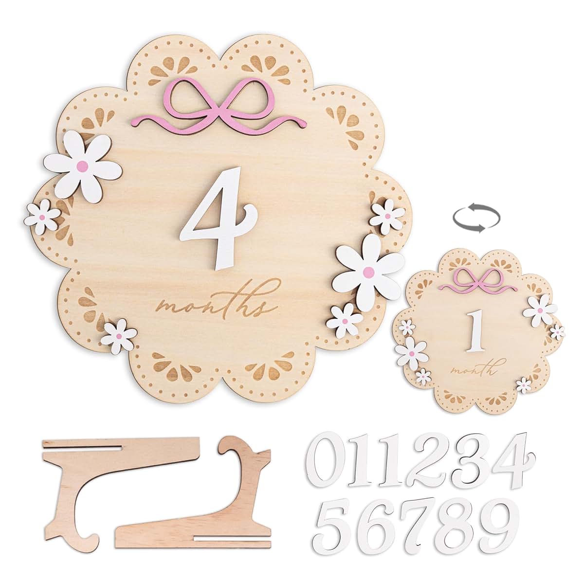 BabyOneStop Baby Monthly Milestone Photo Sign, Wooden Floral with Pink Bows, 1-12 Months Baby Girl Growth Tracker