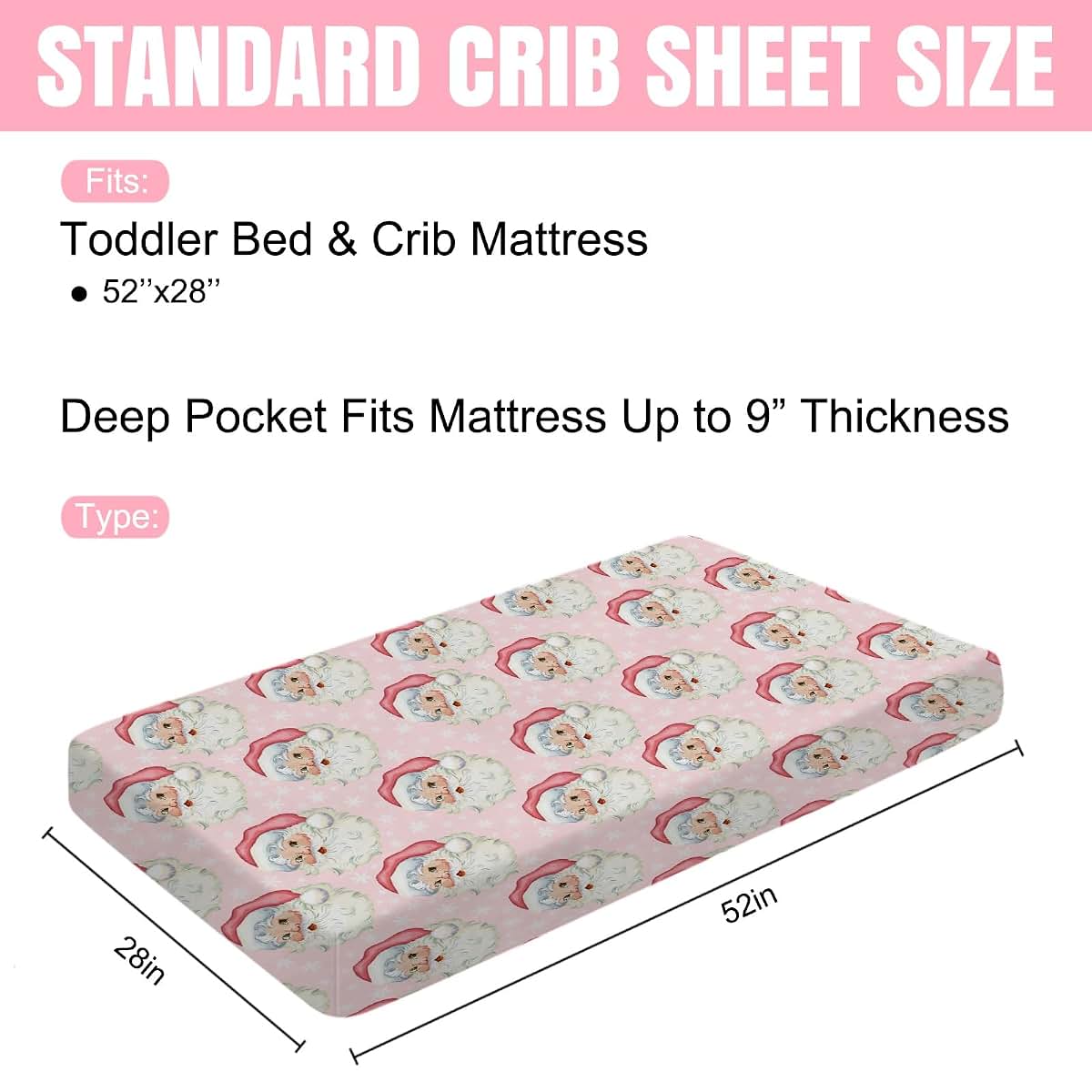 Merry Christmas Santa Claus Baby Crib Sheet 28x52 Stretchy Fitted Pink Snowflakes