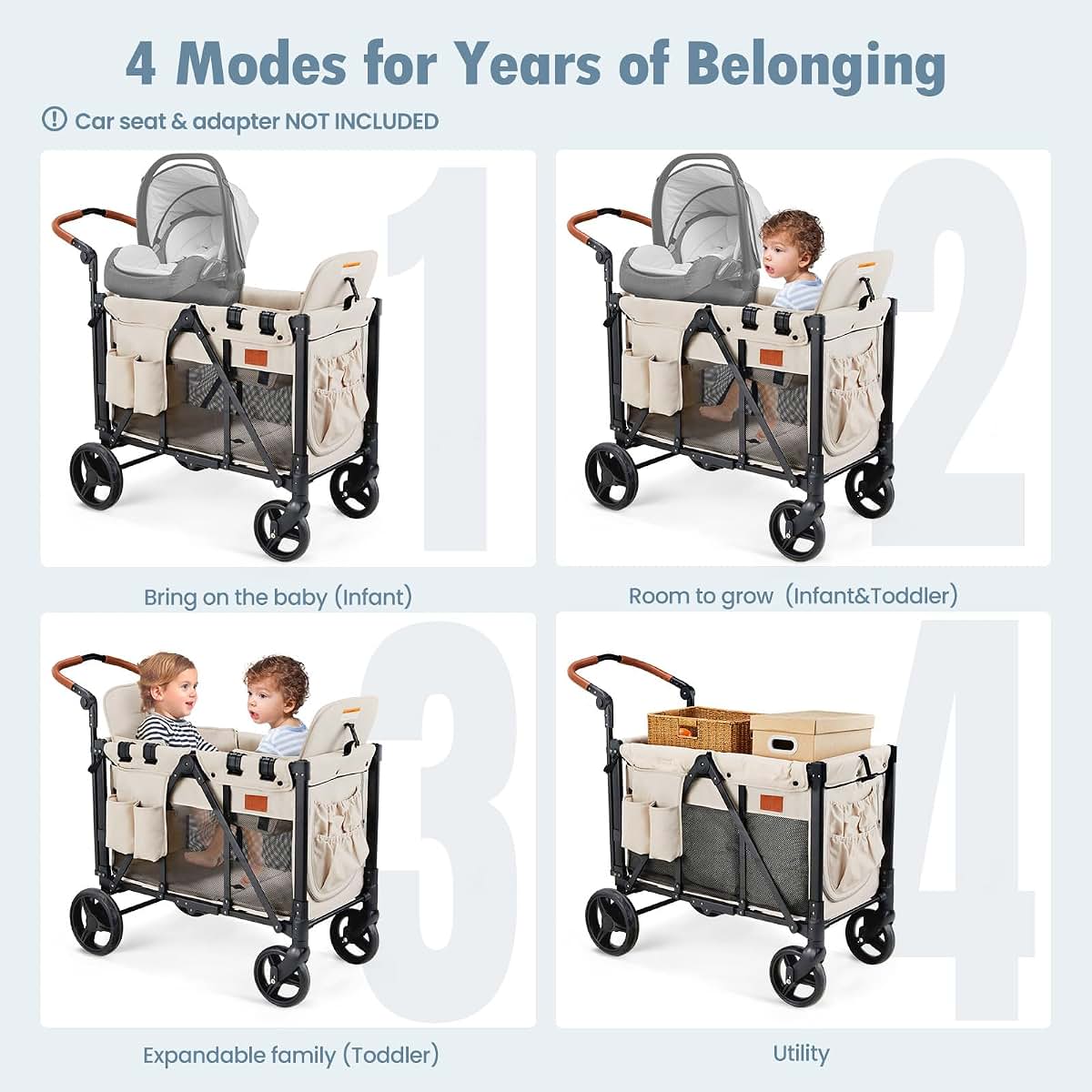 ZTDM Wagon Stroller for 2 Kids with Canopy and 5 Point Harness - Beige (photo 2)
