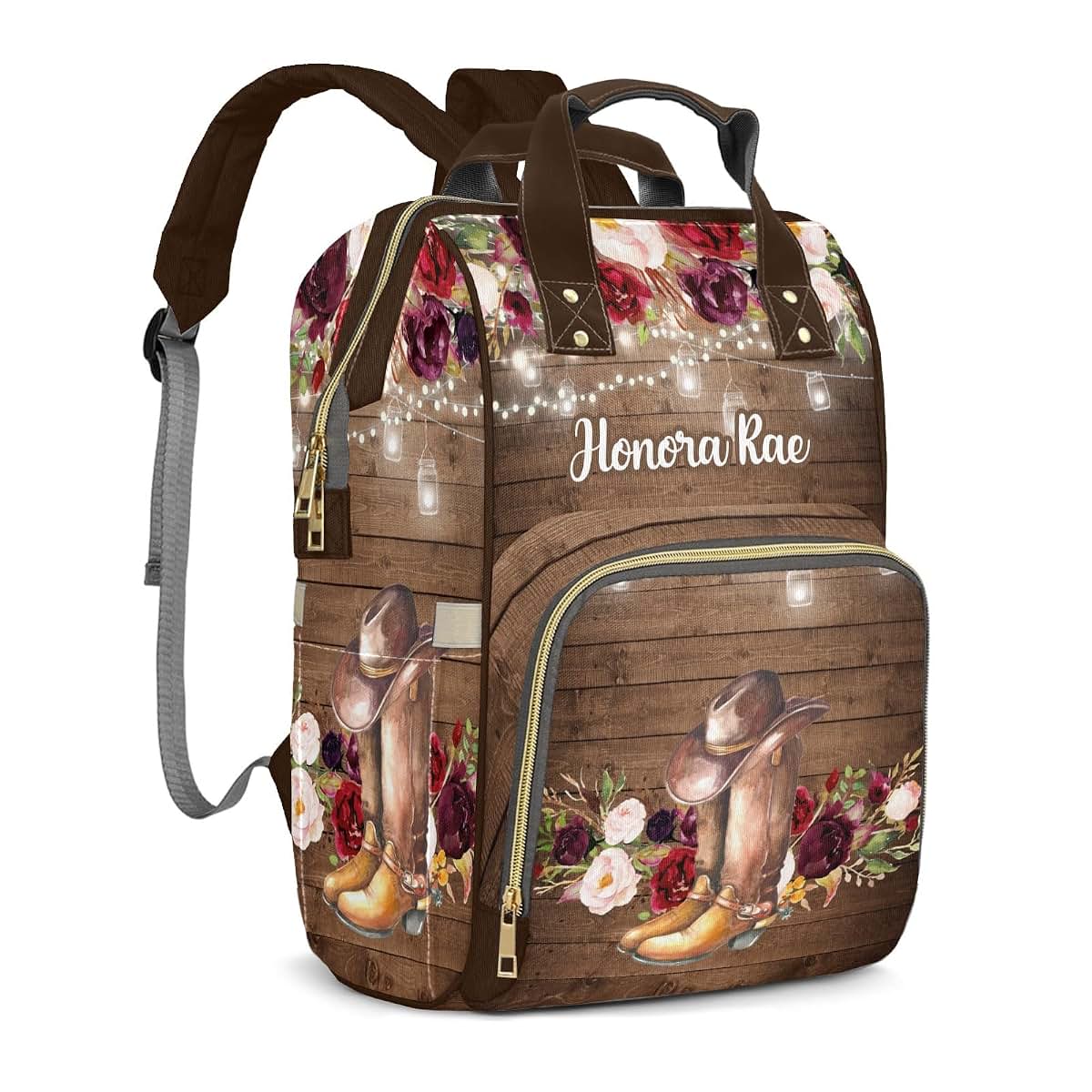 Joyestore Personalized Floral Light Cowboy Boot Flower Custom Mom Bag with Name,Dad and Mom Diaper Backpack Waterproof (photo 2)