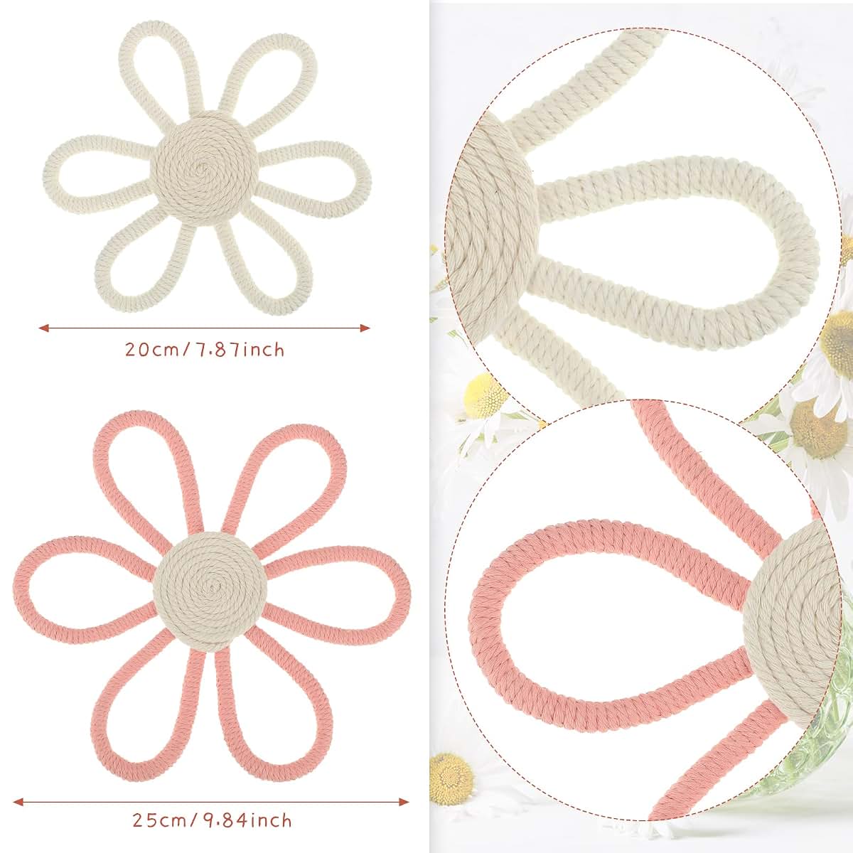 Gerrii Boho Daisy Flower Woven Macrame Wall Hanging, 2 Pcs Pink and White Nursery Decor
