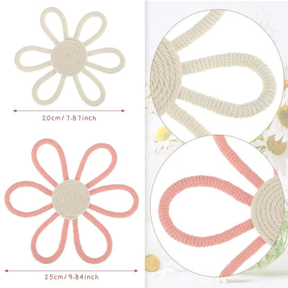 Gerrii Boho Daisy Flower Woven Macrame Wall Hanging, 2 Pcs Pink and White Nursery Decor