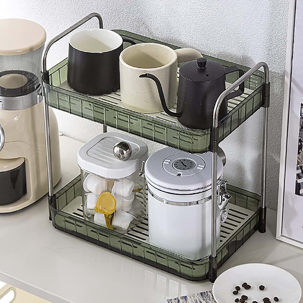 Equlup Mug Drying Rack With Drain Tray Double Layer Green