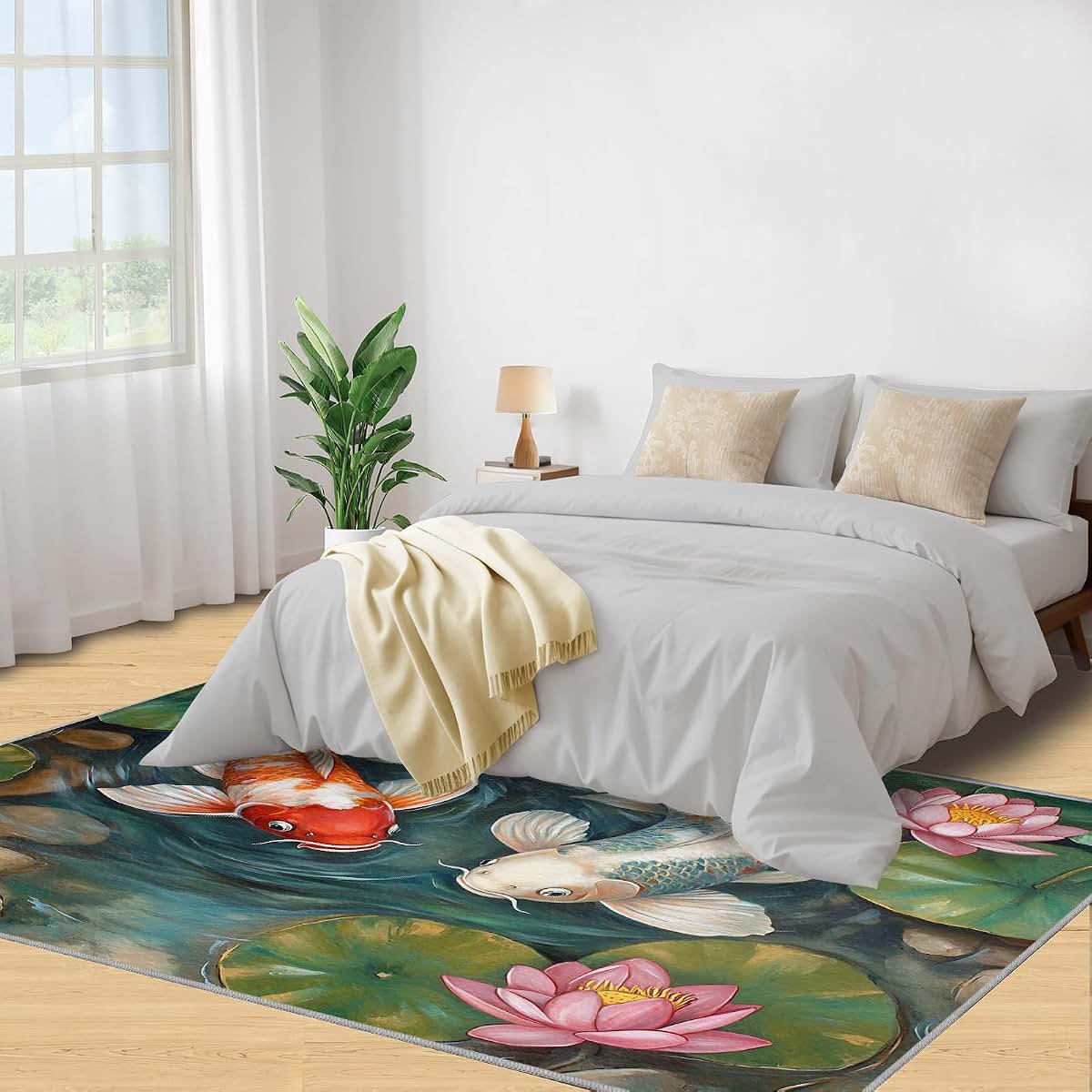 HYGIUID Lotus Koi Area Rugs 4x5 - Lotus Pond Rug for Entryway, Chinese Tradition Washable Entry Way Rugs Kids Carpet