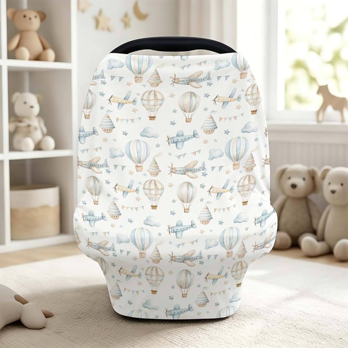 S2tMhb Plane Pattern Unisex Baby Car Seat Cover,5-in-1 Hot Air Balloon Infant Toddler Privacy Nursing Breastfeeding