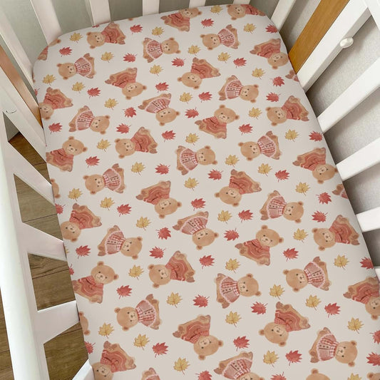 Selgkds Cute Bears Orange Fall Leaves Baby Crib Sheets Boy Girl Pastel Bear Sweaters Autumn Soft Snug Fitted Crib