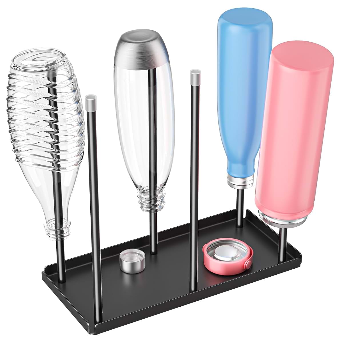 BabyOneStop Water Bottle Drying Rack with Drain Tray and 6 Pegs, Metal Tumbler Stand, Black