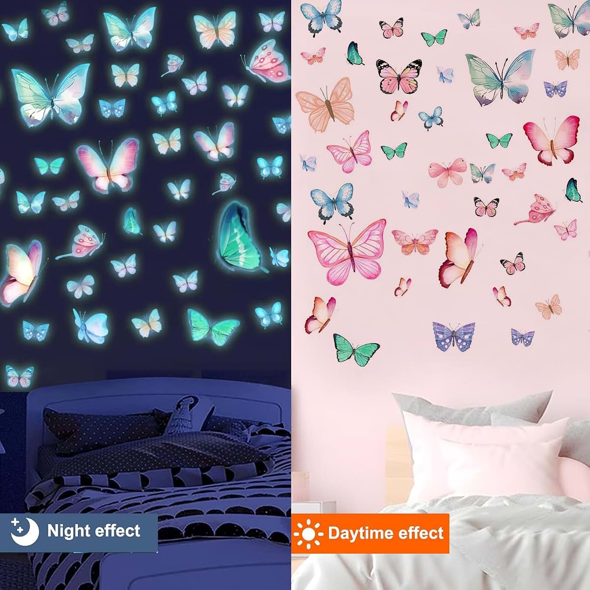Lotusamber Glow in the Dark Butterfly Wall Decals, 64 Pcs Luminous PVC Stickers for Indoor Walls and Ceilings