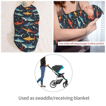 Muishi Space Sharks And Star Newborn Swaddle Blanket And Hat Set