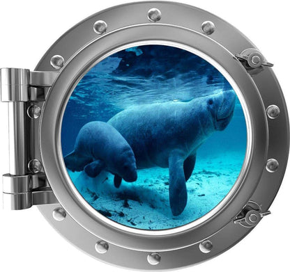 BabyOneStop Porthole Window Manatee Cub Wall Decal 12 Inch Removable Fabric Vinyl