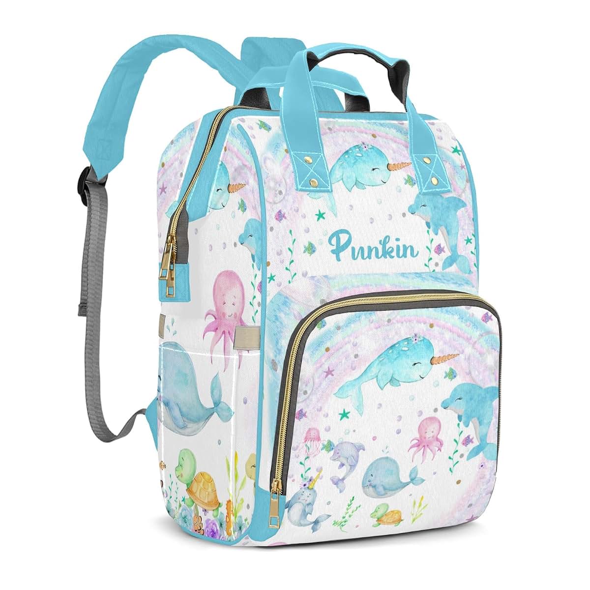 LiSoAkWE Under the Sea Fish Creatures Personalized Diaper Bag with Name,Customized Nappy Backpack with Thermal Pockets (photo 2)