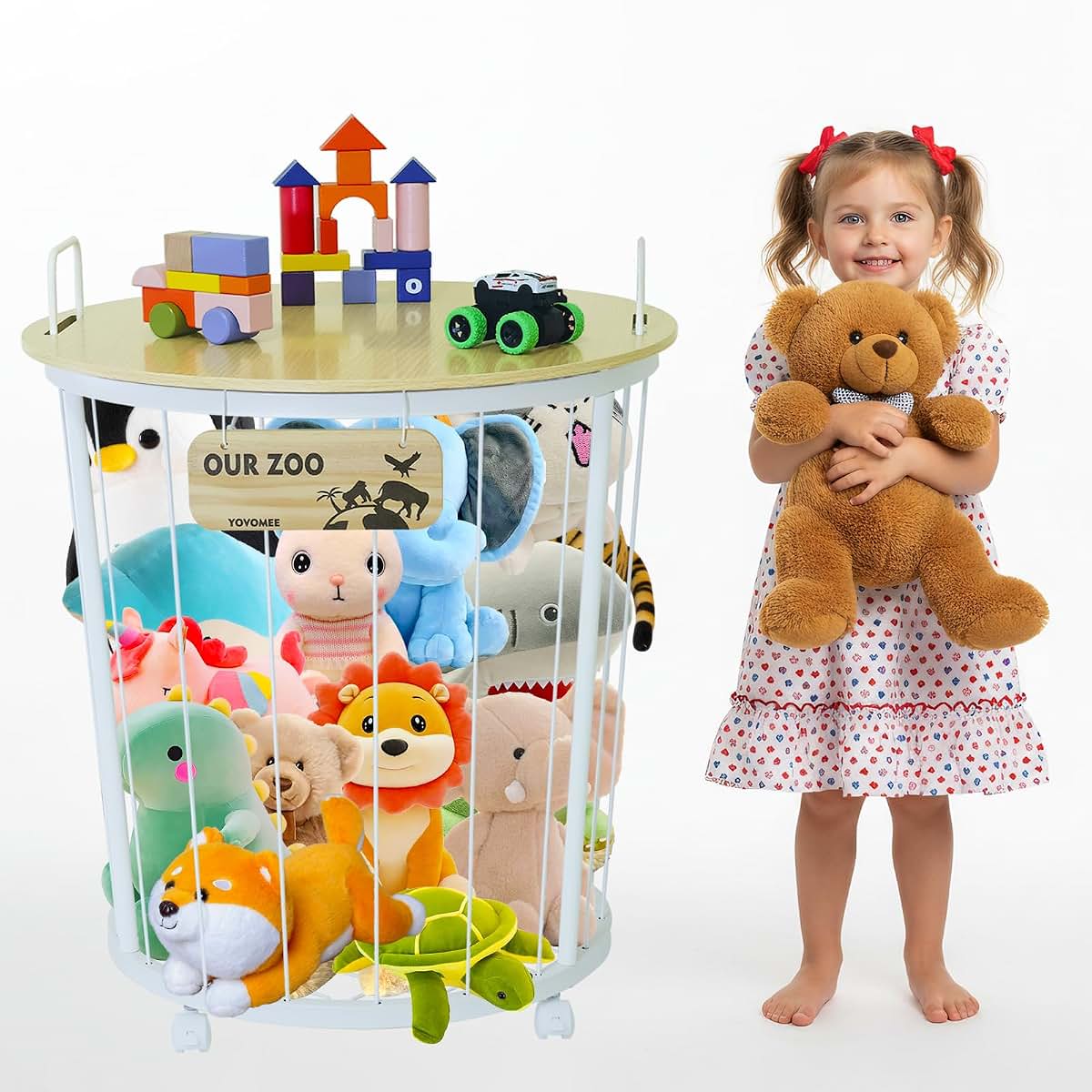 YOVOMEE Stuffed Animal Storage Organizer with Tabletop & Caster Wheels