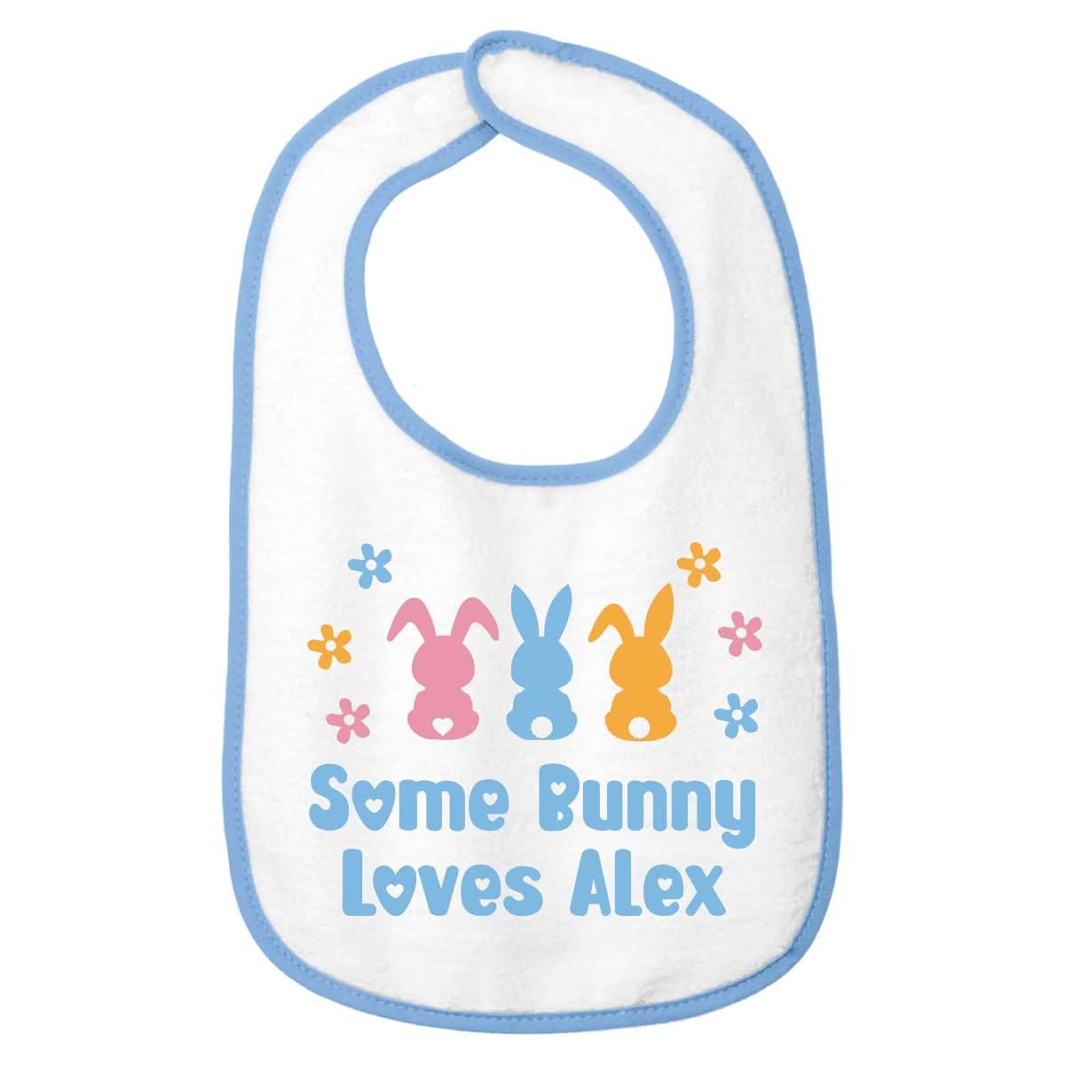 Smiling Jindo Personalized Easter Baby Bib – Pastel Bunny Trio Design with Custom Text – Soft Cotton Terry