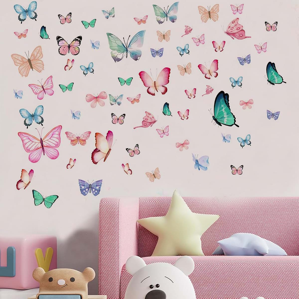 Lotusamber Glow in the Dark Butterfly Wall Decals, 64 Pcs Luminous PVC Stickers for Indoor Walls and Ceilings