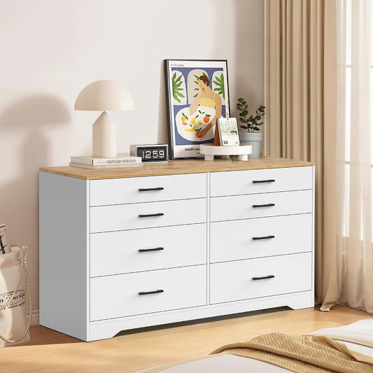 Vingli 8 Drawer Dresser 56 Inch Long White Nursery Storage