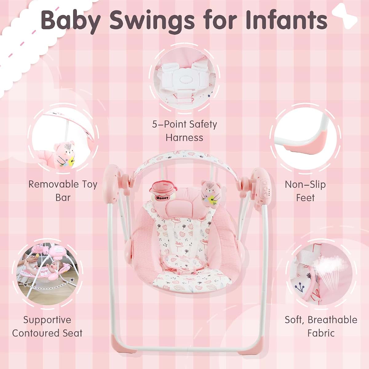 Enborbabe Portable Baby Swing with Music and Floral Bear Pattern